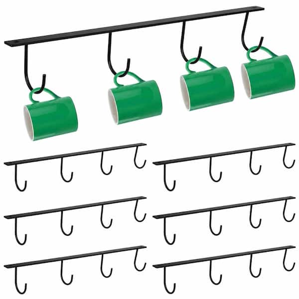 6-Pack Metal Under Cabinet Coffee Mug Hangers with 24 Hooks Durable Black Powder-Coated Organizer Rack