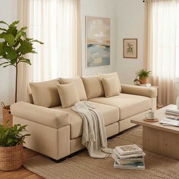 Homy Casa GJPLGP 92 in. Straight Arm 2-Piece Corduroy Curved Sectional Sofa with Extra-Wide Modular in Soft Ivory