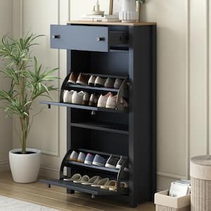 47.2 in. H x 23.6 in. W Black Wood Shoe Storage Cabinet with 2 Flip Drawers, Adjustable Shoe Racks, Grain Pattern Top