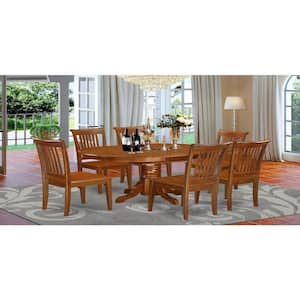 7-Piece Oval Saddle Brown Finish Solid Wood Top Dining Table with 6-Chairs with Lattice Back