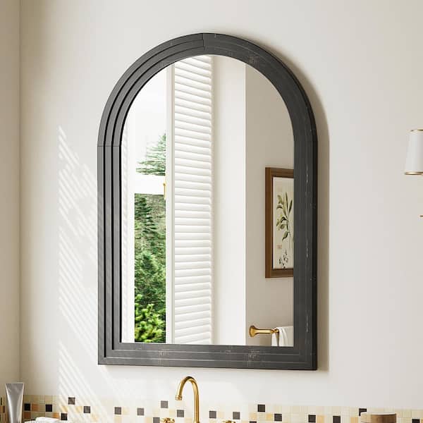 GLSLAND 24 in. W x 36 in. H Arched Wooden Black Framed Wall Vanity Mirror Bathroom Mirror