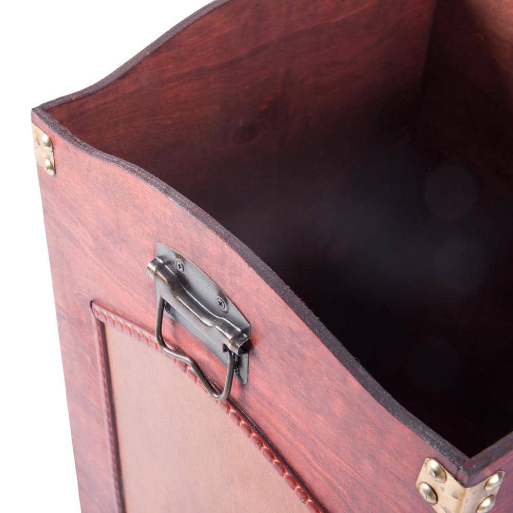 Rustic Cherry Wood and Leather Decorative Trash Bin
