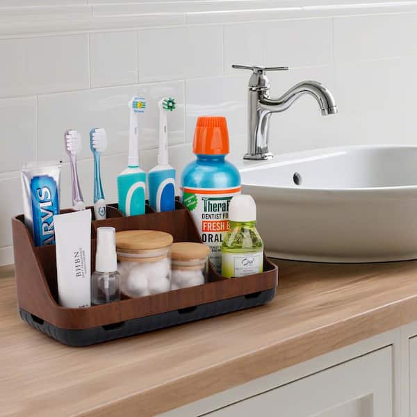 7 Piece Wood Bathroom Sink Accessory Set Detachable Countertop Organizer with 7 Slots Tray Brown Storage