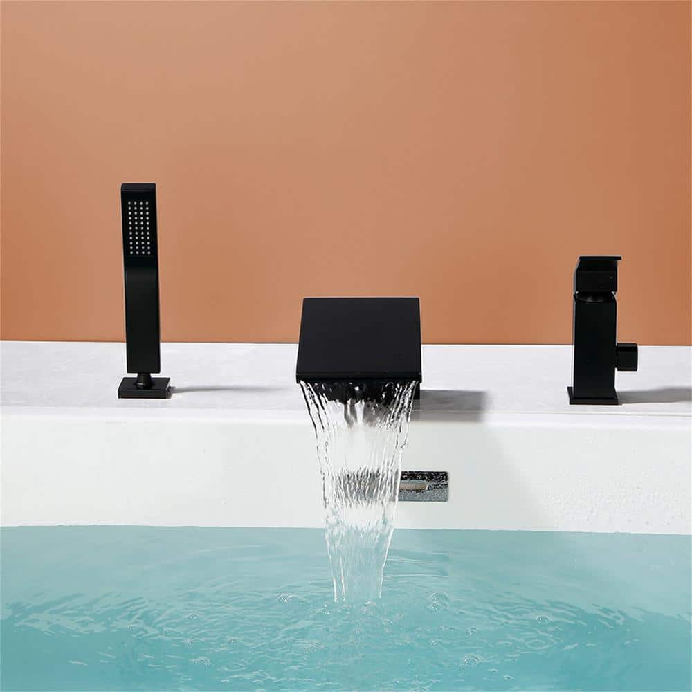 Matte Black Brass Waterfall Tub Faucet with Hand Shower