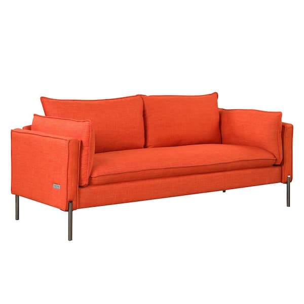 Polibi 76.20 in. W Modern Square Arm Linen Rectangle Straight Sofa with USB Ports and Extra Bolster Pillows in Orange (3-Seat)