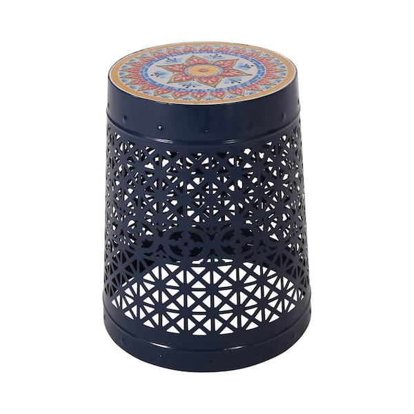 Angel Sar 15 in. Round Ceramic Outdoor Side Table with Hollow Flower Work, Dark Blue