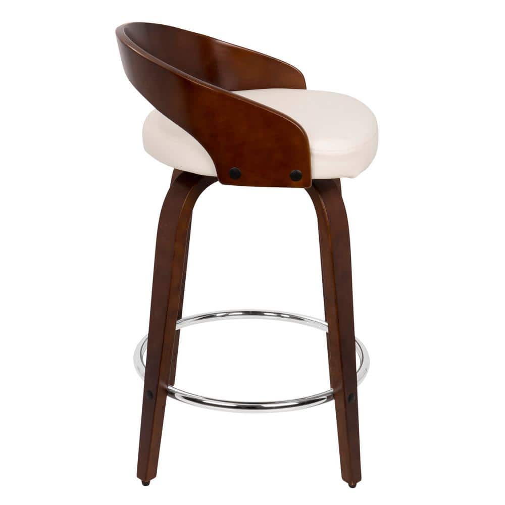 Cherry Wood and White Faux Leather Swivel Counter Stools, Set of 2