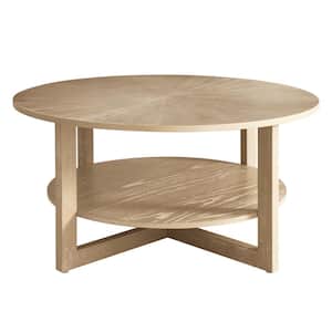35.5 in. Light Brown Round Parawood Coffee Table with Shelf