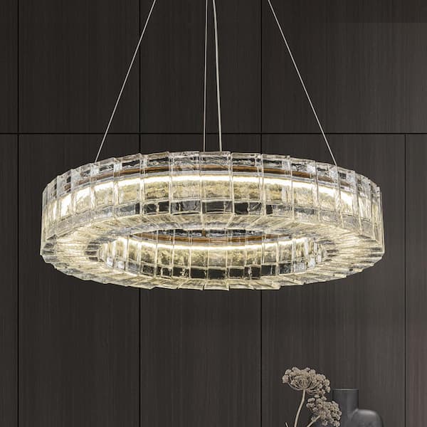 HUOKU Amistad 23.6 in. LED Pendant Chandelier with Water Wave Glass in Brushed Brass Contemporary Fixture for Kitchen