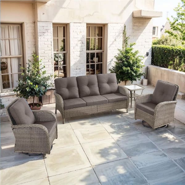 SleekArm 4-Piece Gray Wicker Patio Conversation Set with Olefin Gray Cushion and Outdoor Swivel Glider Chairs