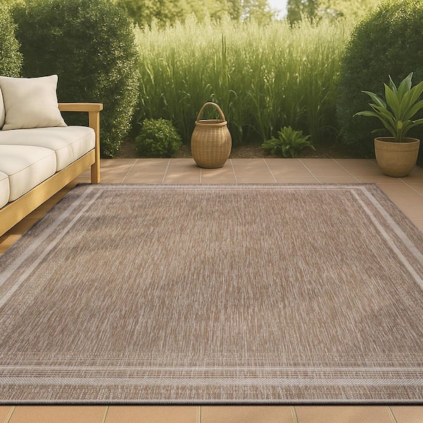 Lido Traditional Casual Pinstripe Border Beige/Cream 8 ft. x 10 ft. Indoor/Outdoor Area Rug