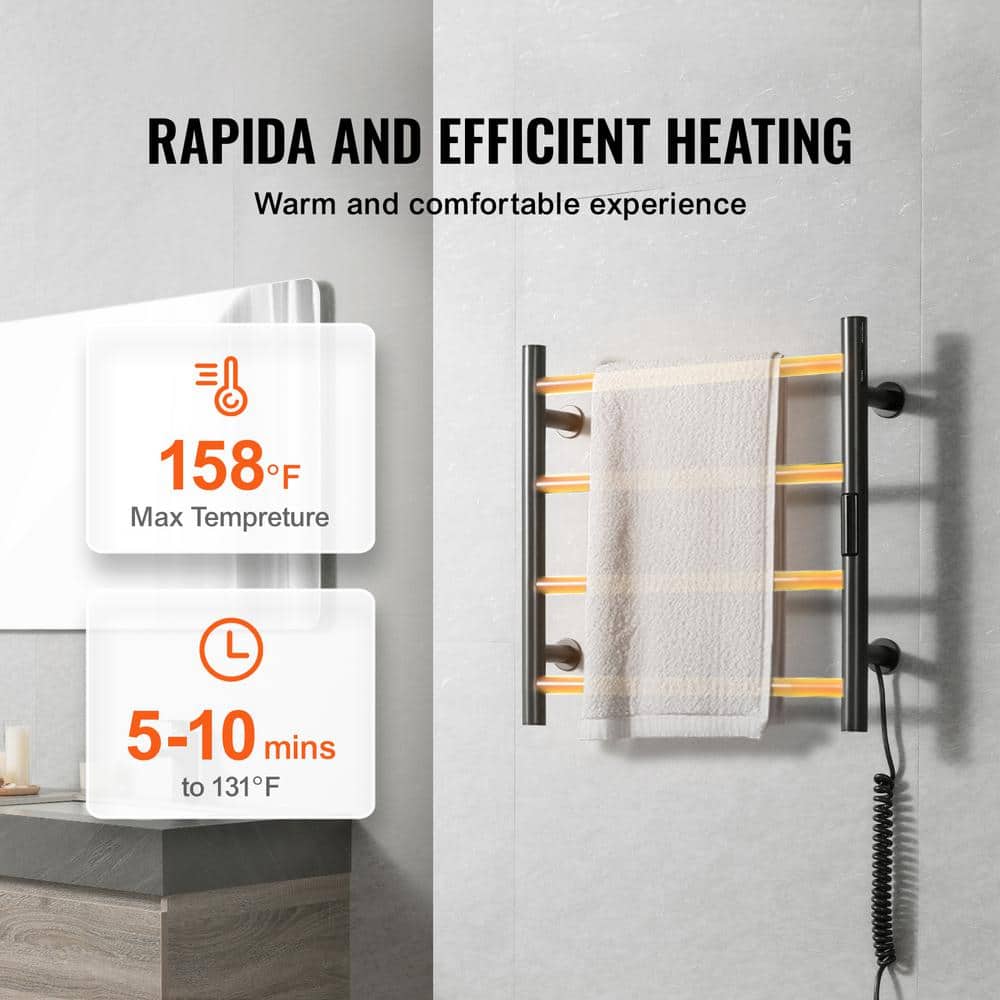 Black Stainless Steel Wall-Mounted 4-Bar Heated Towel Warmer