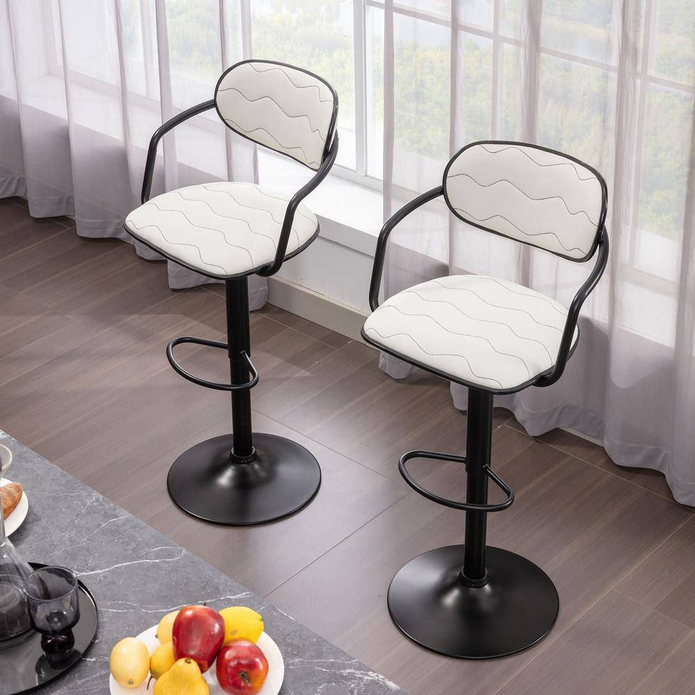 Adjustable White Faux Leather Swivel Bar Stools with Black Metal Frame, Set of 2