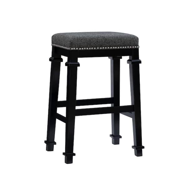 Linon Home Decor Nelson 31 in. Black Backless Wood Counter Stool with Tweed Fabric Seat