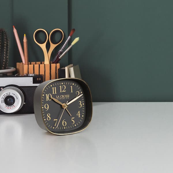 La Crosse Clock Black Square Silent Sweeping Analog Alarm Clock