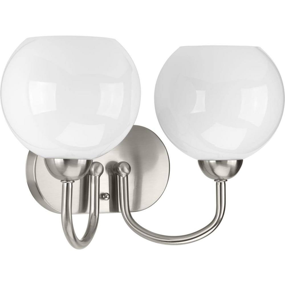 Brushed Nickel 2-Light Bath Wall Fixture with White Glass Globes
