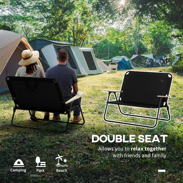 Black Steel Double Folding Camping Chair with Wood Armrest and