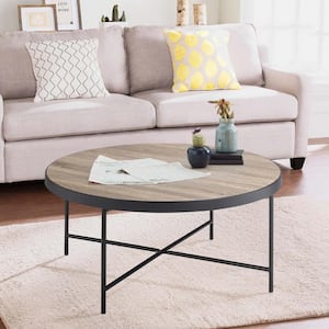 32.5 in. Weathered Grey Oak and Black Round Wood Coffee Table