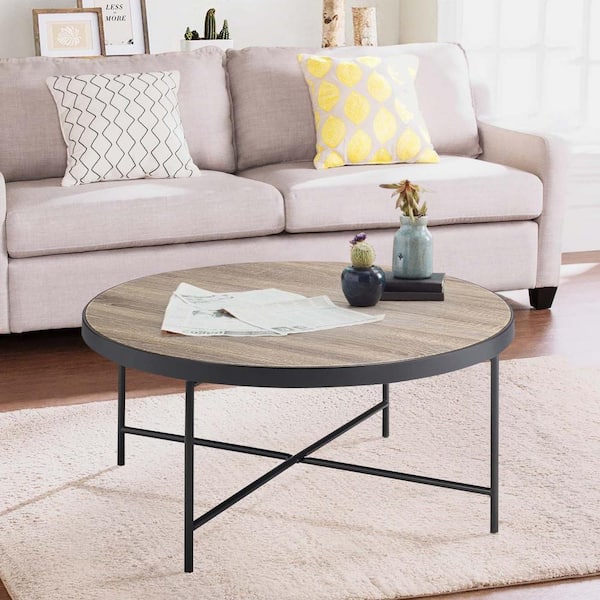 wetiny 32.5 in. Weathered Grey Oak and Black Round Wood Coffee Table ...