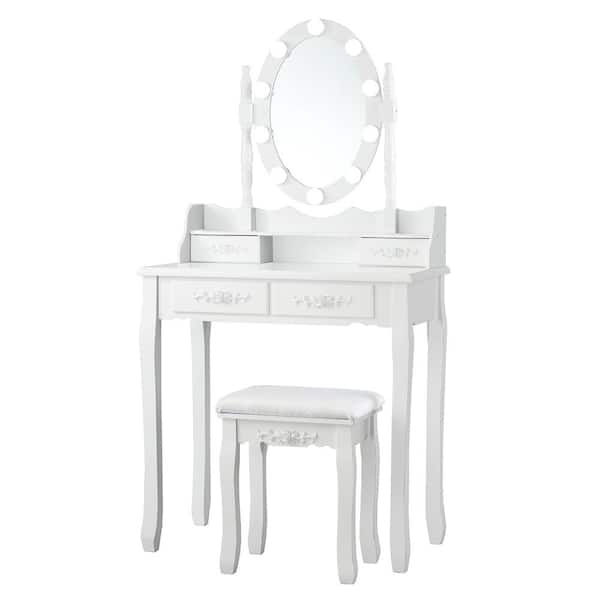 Costway White Trunk Vanity Dressing Table 10 Dimmable Bulbs Touch Switch for Bedroom 57 in. x 29.5 in. x 16 in.