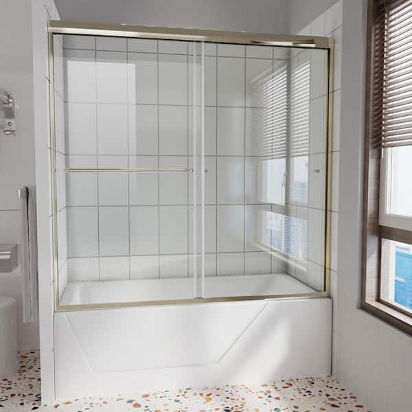 60 in. W x 58 in. H Double Sliding Framed Bathtub Door in Brushed Nickel with 6 mm Tempered Glass and Handle