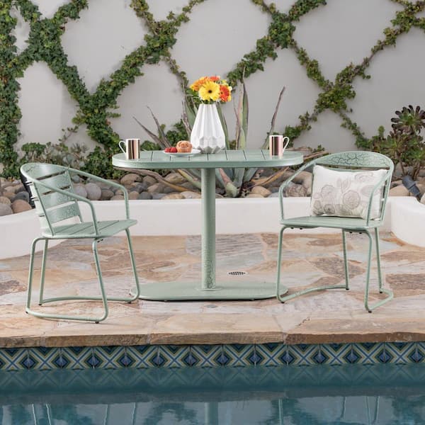 Noble House Crackle Green 3-Piece Metal Oval Outdoor Patio Bistro Set