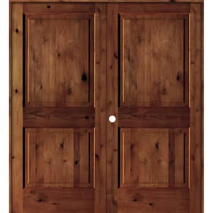 64 in. x 80 in. Rustic Knotty Alder 2-Panel Square Top Right-Handed Red Chestnut Stain Wood Double Prehung Interior Door