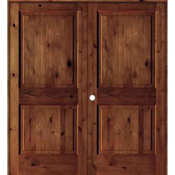 Krosswood Doors 72 in. x 80 in. Rustic Knotty Alder 2-Panel Right-Handed Square Top Red Chestnut Stain Wood Double Prehung Interior Door