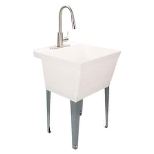 Complete 22.875 in. x 23.5 in. White 19 Gal. Utility Sink Set with Metal Hybrid Stainless Steel Pull-Down Faucet