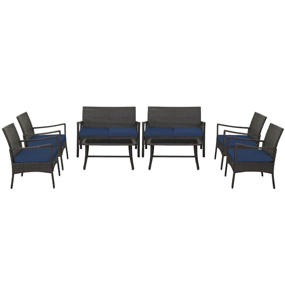 4-Piece Outdoor Rattan Patio Conversation Set with Navy Cushions and Tempered Glass Coffee Table price history on PriceWatchPro