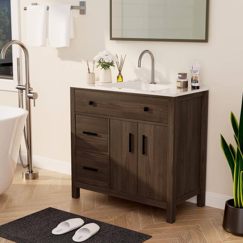 Deep Wood Grain 36 in. Single Sink Freestanding Bath Vanity with White Resin Top and 3-Drawers price history on PriceWatchPro