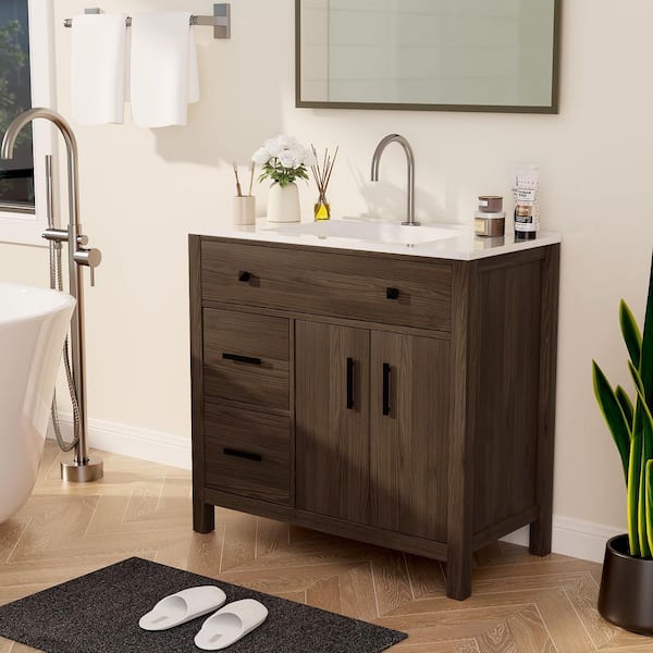 Deep Wood Grain 36 in. Single Sink Freestanding Bath Vanity with White Resin Top and 3-Drawers
