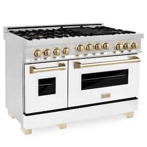 Autograph 48" 6.0 cu. ft. Double Oven Gas Range in Stainless Steel with White Matte Door and Gold Accents