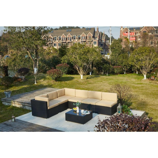 Sudzendf 7-Piece Black Wicker Patio Conversation Set with Blue Cushions ...