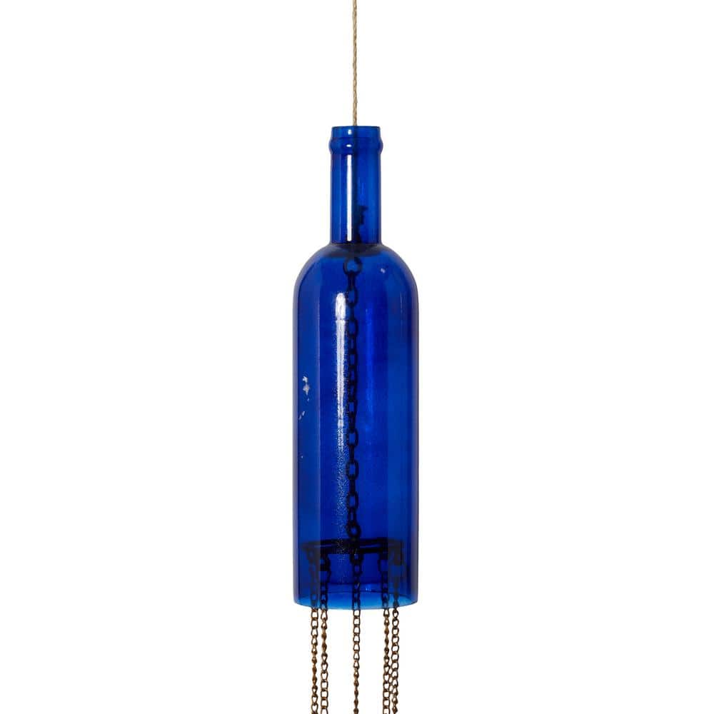 41-Inch Blue Glass Bottle Wind Chime with Beads and Bells