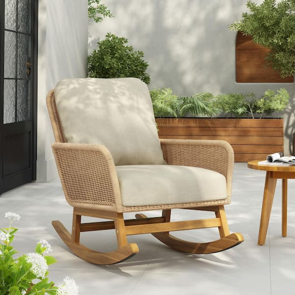 Unbranded Beige Wood Outdoor Rocking Chair with Beige Cushions
