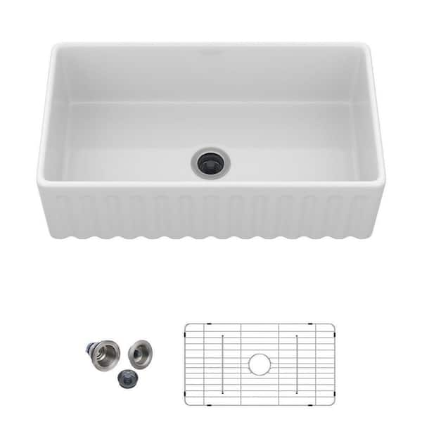 33 in. Farmhouse Sink Single Bowl White Fireclay Kitchen Sink with Bottom Grids and Drying Rack