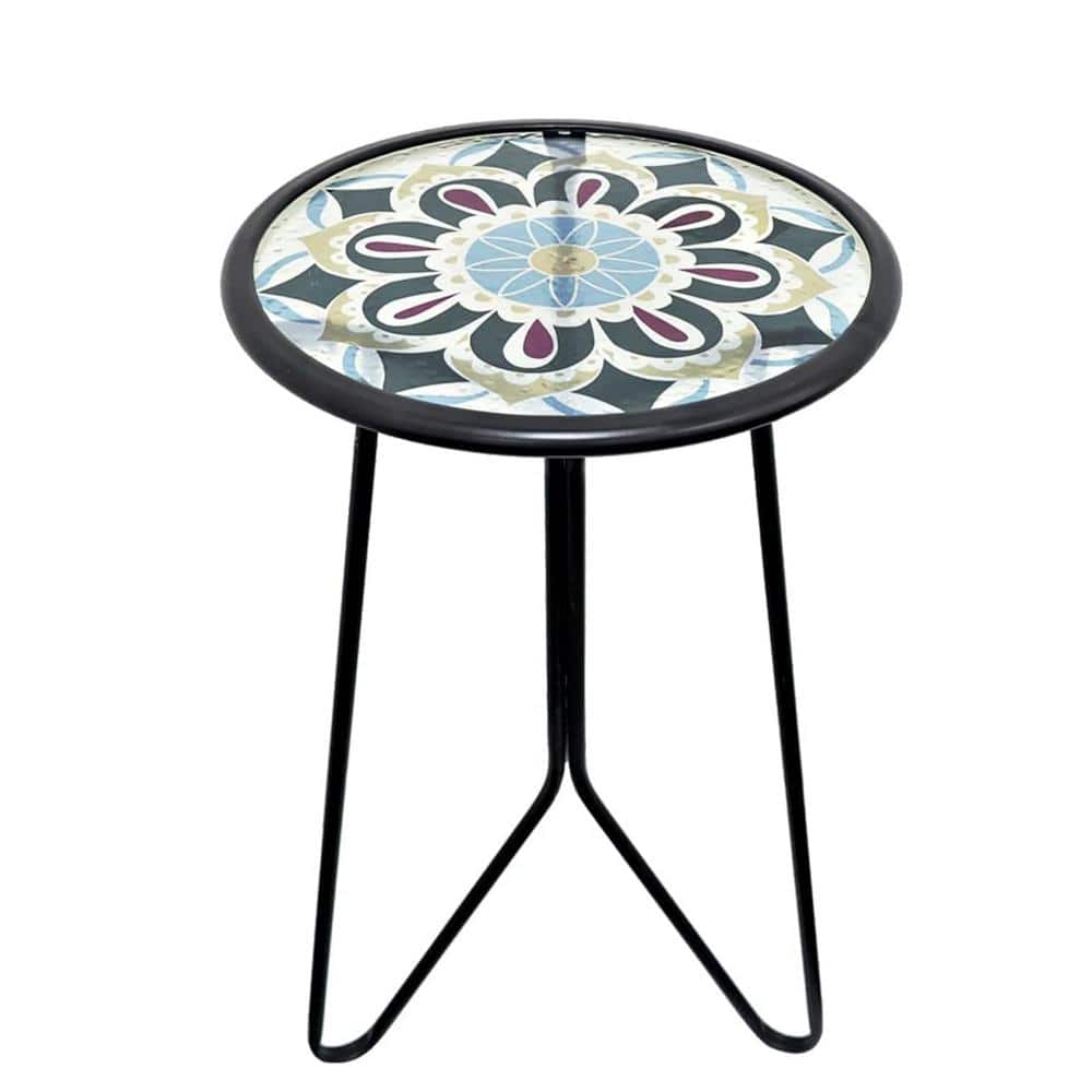 12 in. Metal and Glass Outdoor Round Side Table for Yard Balcony Garden Bed