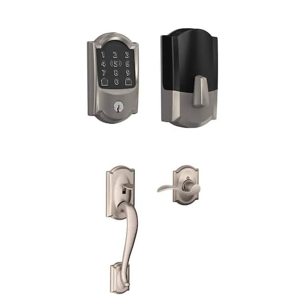 Camelot Satin Nickel Encode Plus Smart WiFi Deadbolt with Alarm and Door Handleset Grip with Accent Handle,Camelot Trim