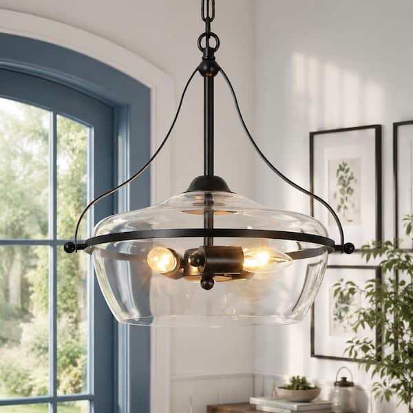 14 in. 3-Light Industrial Black Chandelier Light, Modern Pendant Lights for Kitchen Island, Clear Glass Ceiling Light