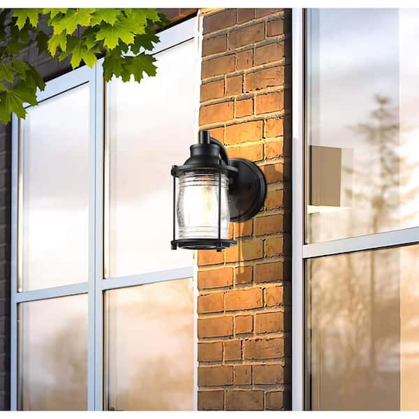 Martin 1-Light Black Outdoor Wall Lantern Sconce with Seeded Glass Shade