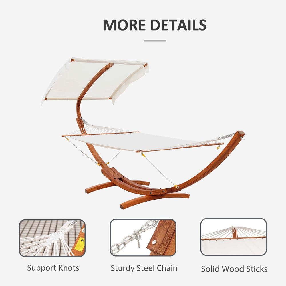 13FT White Cotton Hammock with Wooden Arc Stand and Canopy