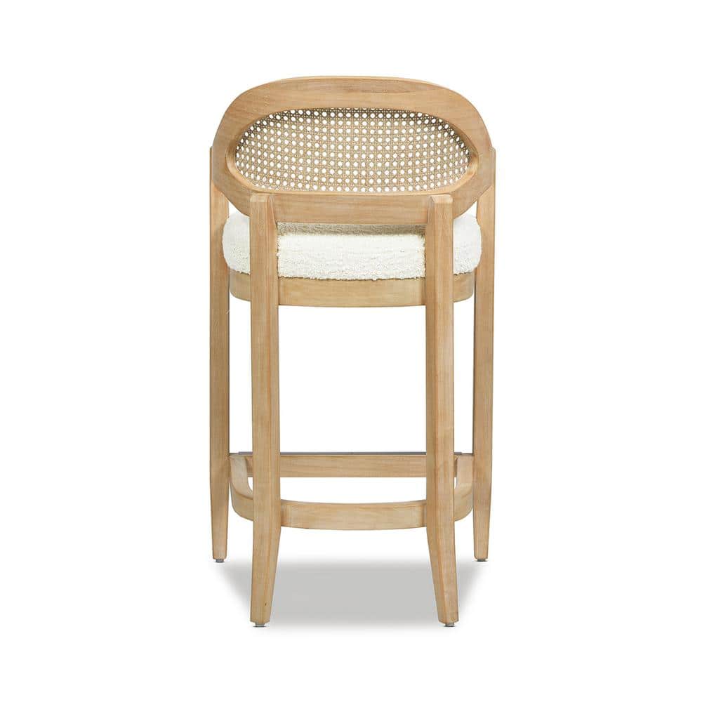 Ivory White Bouclé 26" Cane Back Counter Stool with Oak Frame