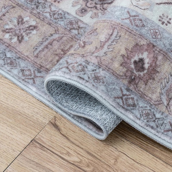 Kisara Oushak Style Distressed Border Non-Slip Machine-Washable Rose Clay/Cream 9 ft. x 12 ft. Area Rug