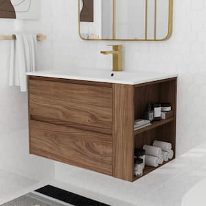 29.7 in. W x 18.10 in. D x 19.40 in. H Single Sink Wall Mount Bath Vanity in Brown Oak with White Resin Top