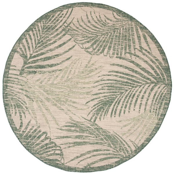 Courtyard Beige/Green 7 ft. x 7 ft. Border Palm Leaf Indoor/Outdoor Patio  Round Area Rug