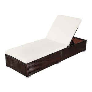Brown Back Adjustable Rattan Outdoor Lounge Chair Chaise Recliner with White Cushions