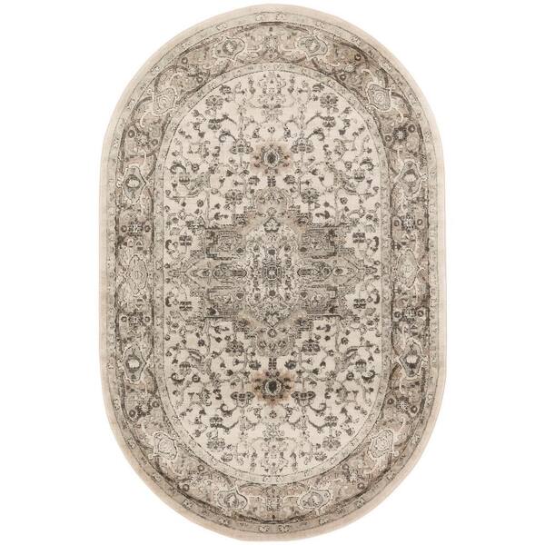 Nourison Concerto Ivory Grey 6 ft. x 9 ft. Center medallion Traditional Oval Area Rug