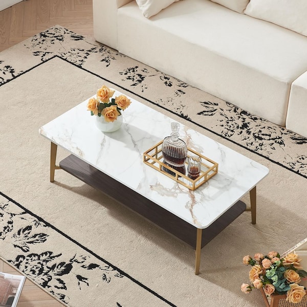 JASIWAY 47 in. White Specialty Faux Marble Top Coffee Table
