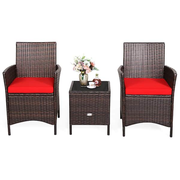 Costway 3-Pieces Wicker Patio Conversation Set with Red Cushions